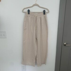 Beige Wide Leg Cropped Trousers - Elastic Waist, Linen Texture, Size Med…